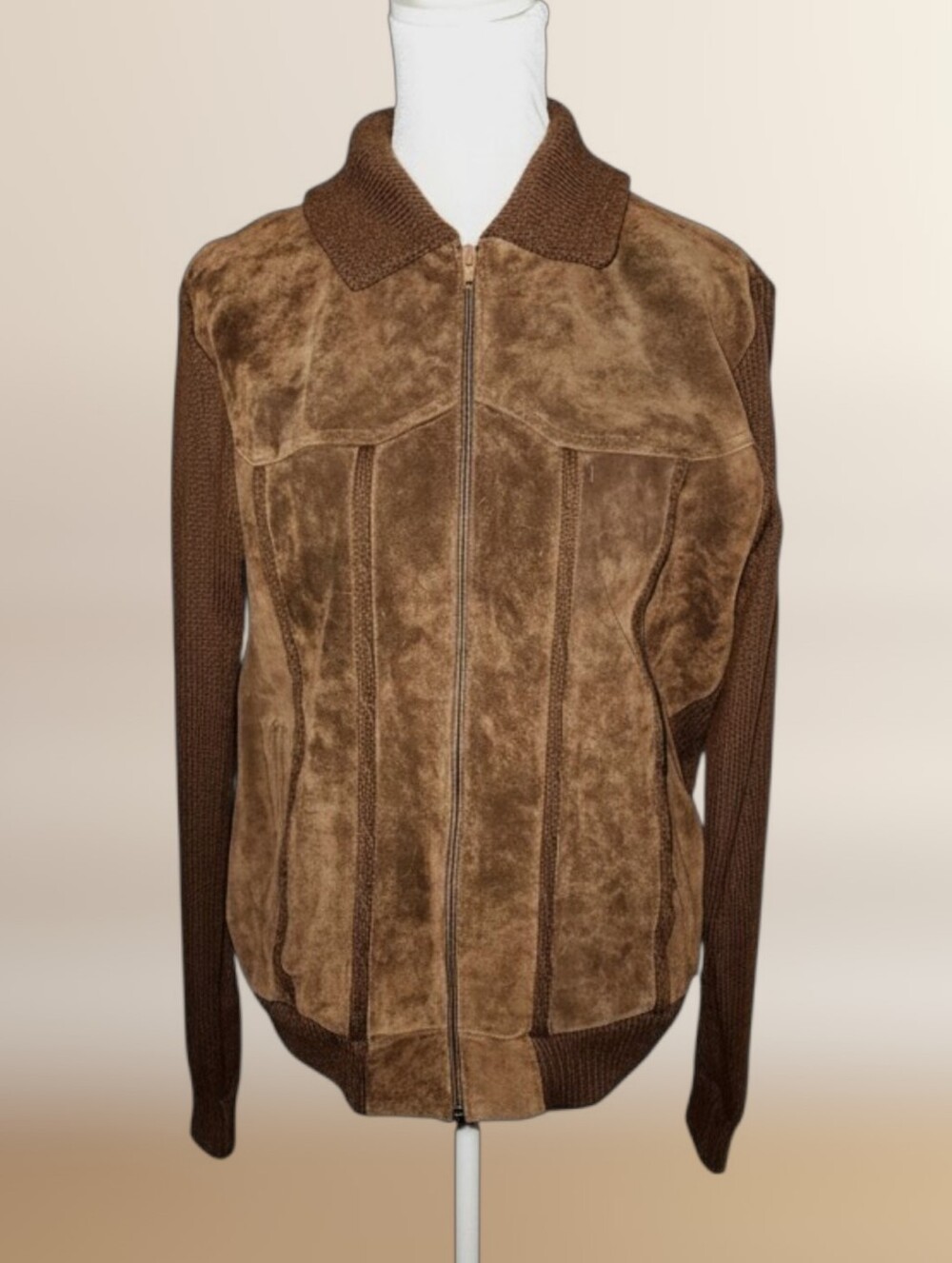 Vintage 1970s Brown Split Suede Leather & Rib Knit Jacket Mervyn's